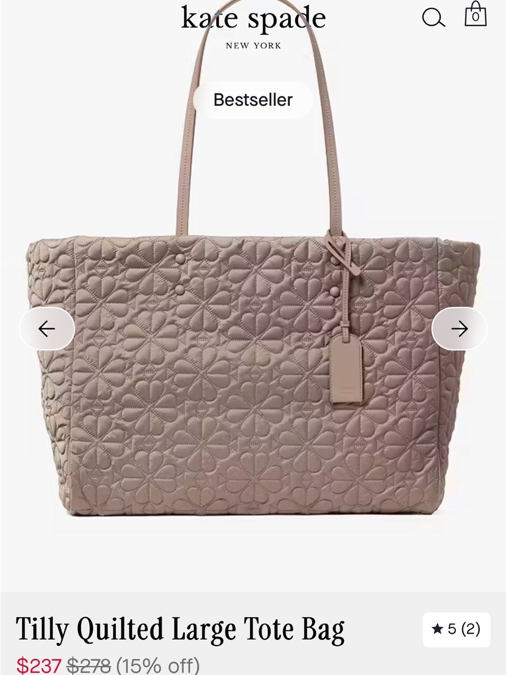 NWT kate spade tilly quilted large tote $288